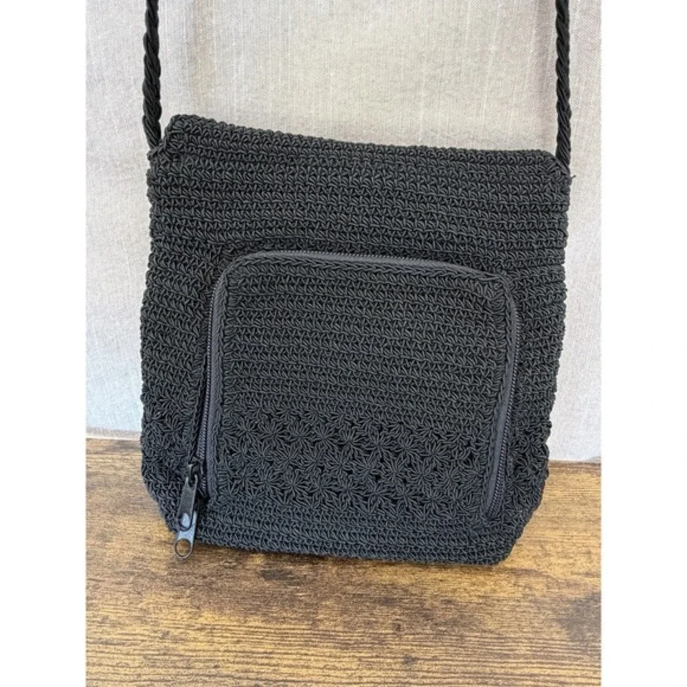 Amanda Smith Woven Shoulder HOBO Bag Purse Black Crochet Knit‎